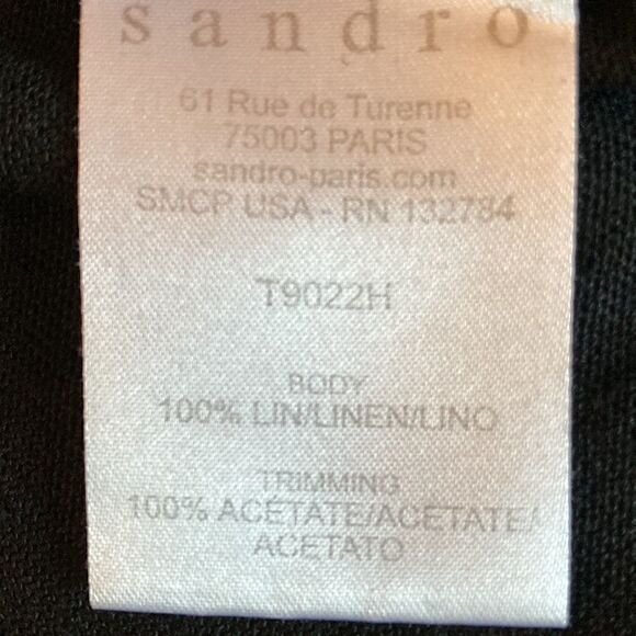 Sandro Linen V Neck Top with 3/4 Sleeve and Acetate Bib Inset. Size Medium. - Picture 6 of 6